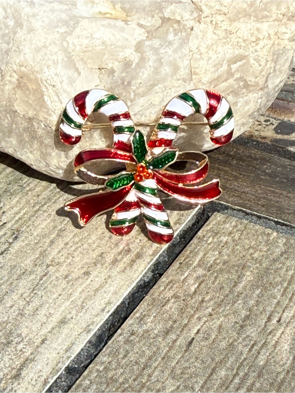 NWT Festive Candy Cane Bow Brooch - Red, White & Green Holiday Pin